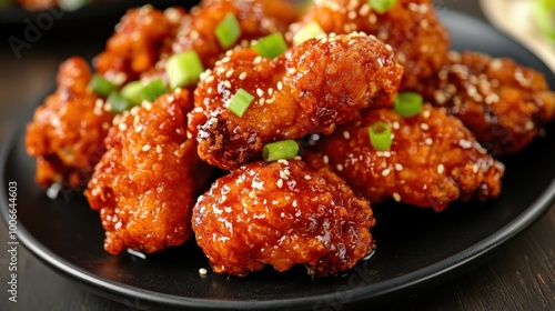 Mouthwatering soy and spicy Korean fried chicken arranged on a black plate, garnished with green onions and sesame seeds for a flavorful feast