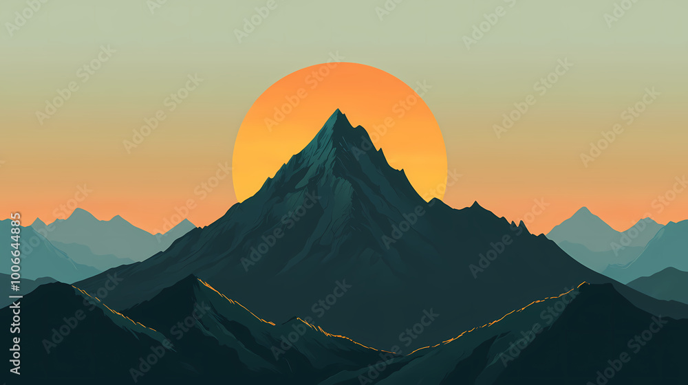 Naklejka premium Achievement at dawn: a silhouette on a mountain peak symbolizing personal growth and vision. Mountain Peak. Illustration