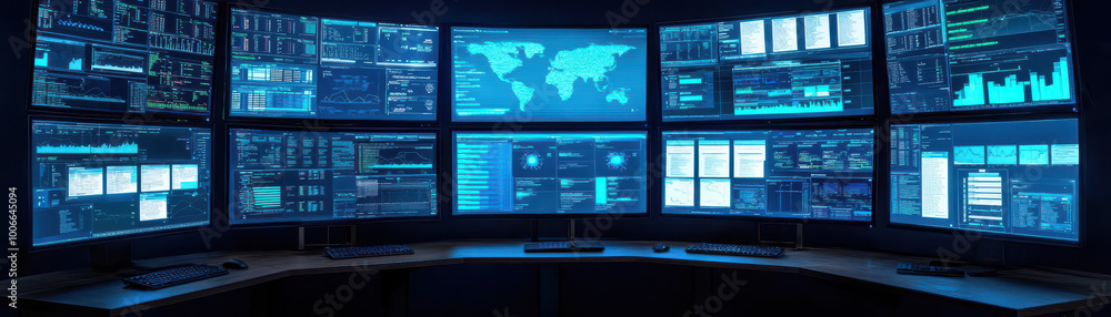 High tech environment with multiple monitors displaying data analytics, world maps, and graphs. setup suggests control room or data center, emphasizing technology and information processing. High tech environment with multiple monitors displaying data analytics, world maps, and graphs. setup suggests control room or data center, emphasizing technology and information processing.