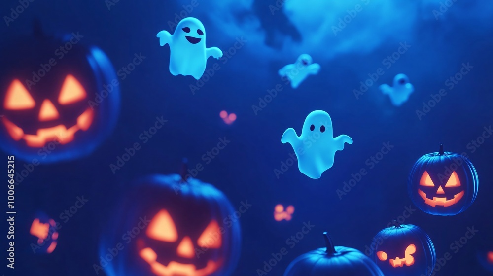Naklejka premium Jack-o'-lanterns with glowing faces float in a dark blue sky with ghosts.