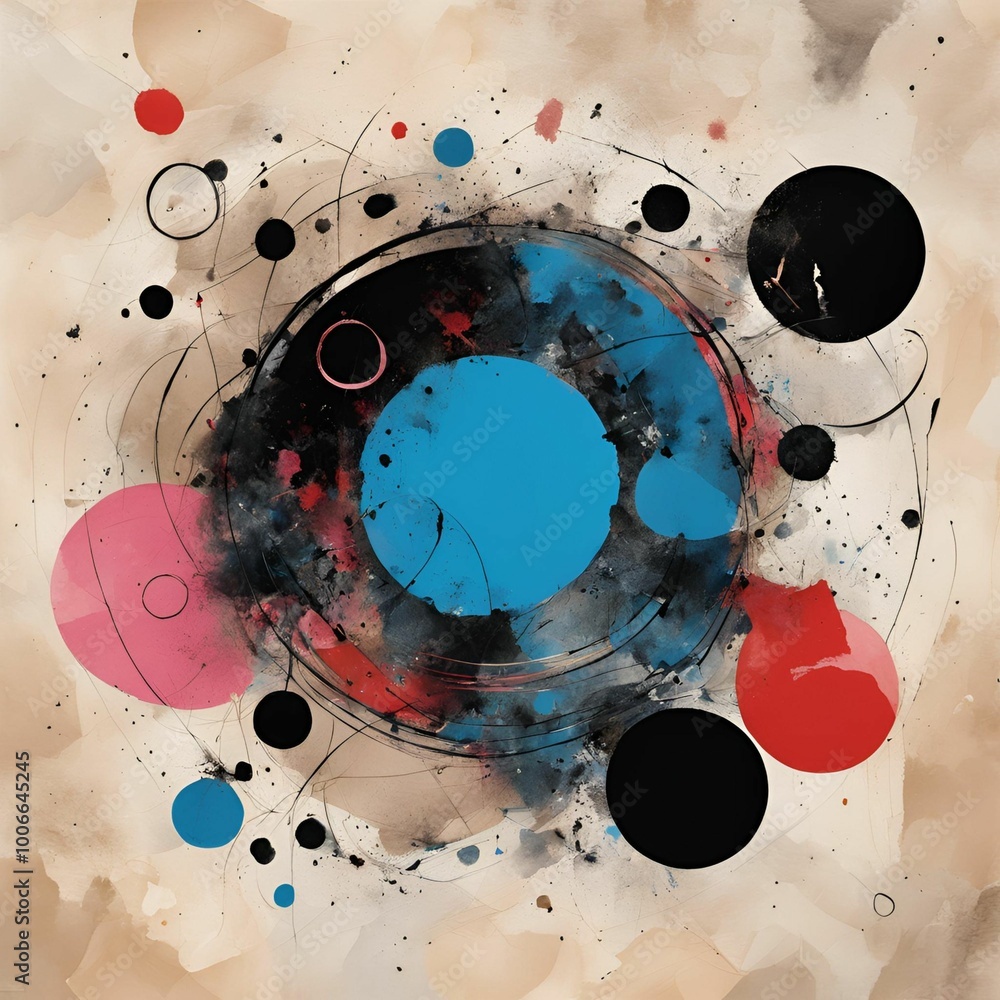 Obraz premium Geometric abstract painting with circles and scribbles and rectangles colors blue red beige black white pink