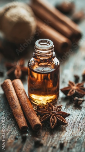 Aromatic oil in a glass bottle surrounded by cinnamon sticks and star anise on a rustic wooden surface. photo