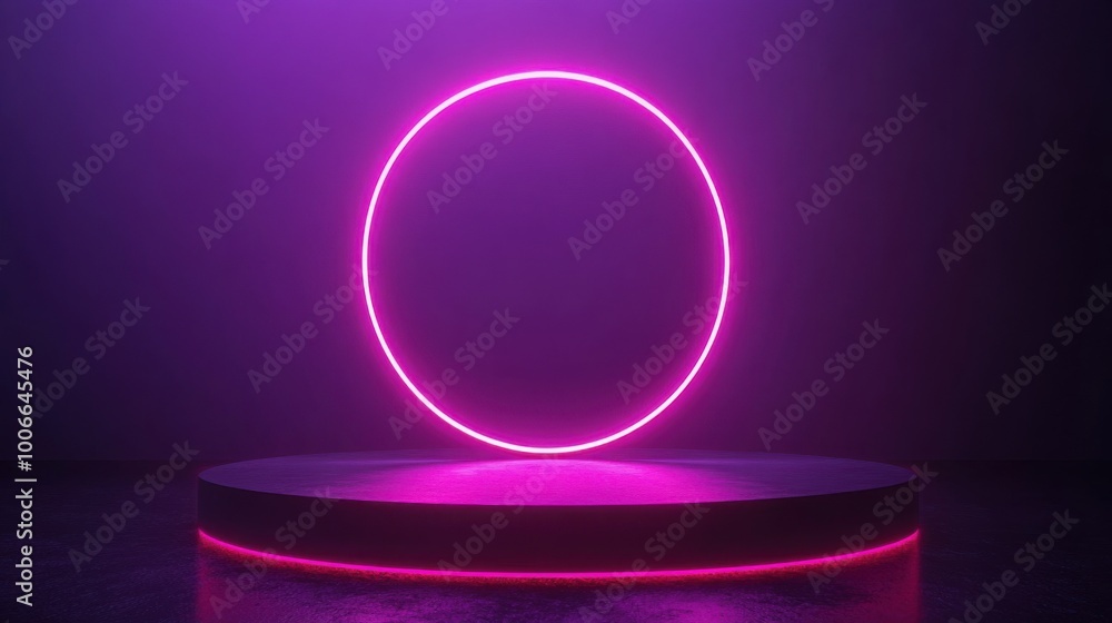 Neon Circle on Display Stand in Dark Environment Neon Circle on Display Stand in Dark Environment