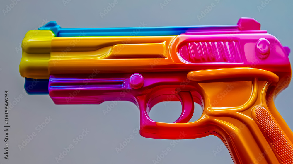 Close-up, of a plastic gun, with bright plastic parts and playful design. Close-up, of a plastic gun, with bright plastic parts and playful design.