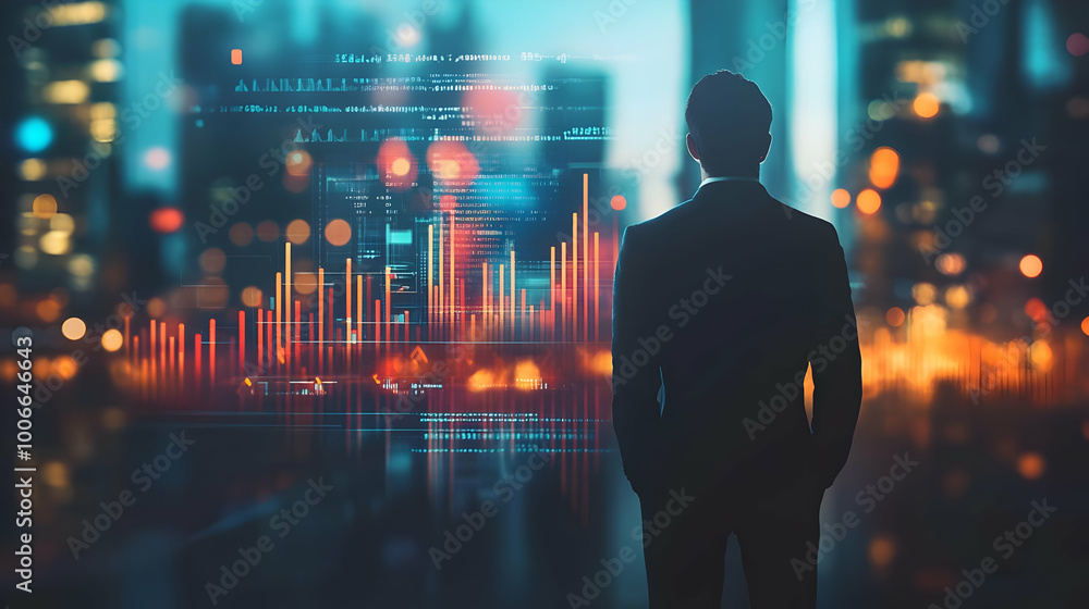 Fototapeta premium 3D Silhouette of Businessman Observing Rising Arrow Graph - Abstract Image of Business Growth Success with Soft Bokeh Background for Financial Advertisements
