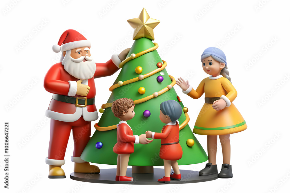 Flat Santa Assisting Kids in a Joyful Christmas Tree Decorating Scene - Simple Vector Illustration Capturing Teamwork and Festive Spirit Flat Santa Assisting Kids in a Joyful Christmas Tree Decorating Scene - Simple Vector Illustration Capturing Teamwork and Festive Spirit