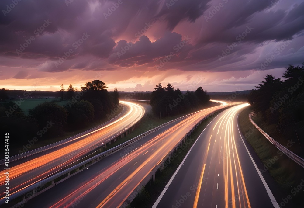 Long exposure of a busy highway at night with blurred car lights creating a swirling pattern Long exposure of a busy highway at night with blurred car lights creating a swirling pattern