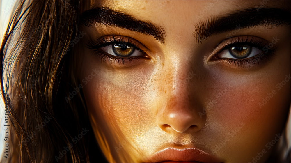 A close-up of a model with strong, well-defined eyebrows and long lashes. A close-up of a model with strong, well-defined eyebrows and long lashes.