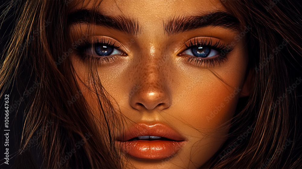 A close-up of a model with strong, well-defined eyebrows and long lashes. A close-up of a model with strong, well-defined eyebrows and long lashes.