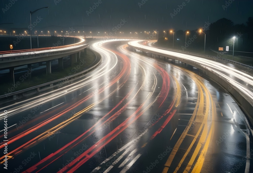 Long exposure of a busy highway at night with blurred car lights creating a swirling pattern Long exposure of a busy highway at night with blurred car lights creating a swirling pattern