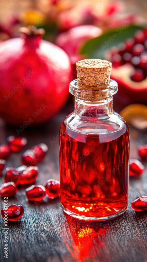 Closeup of Pomegranate Bottle with Seeds and Fruits Closeup of Pomegranate Bottle with Seeds and Fruits