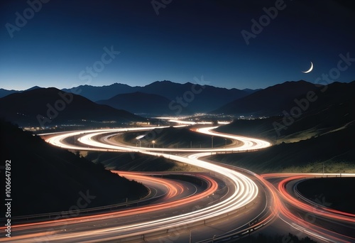 Long exposure of a busy highway at night with blurred car lights creating a swirling pattern