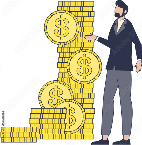 A human figure stands next to a stack of coins with ascending heights, symbolizing financial growth and wealth accumulation.