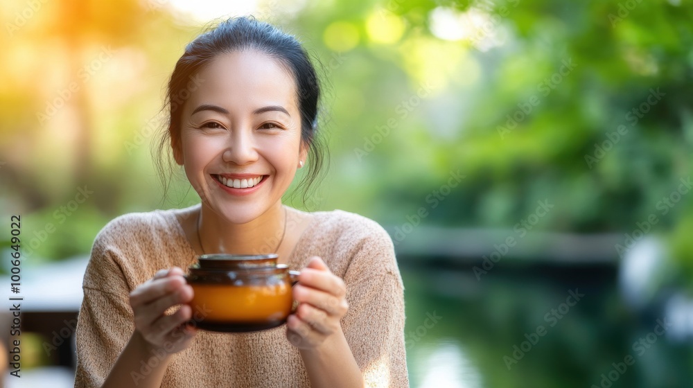 Smiling Woman Enjoying Tea in a Natural Setting Smiling Woman Enjoying Tea in a Natural Setting