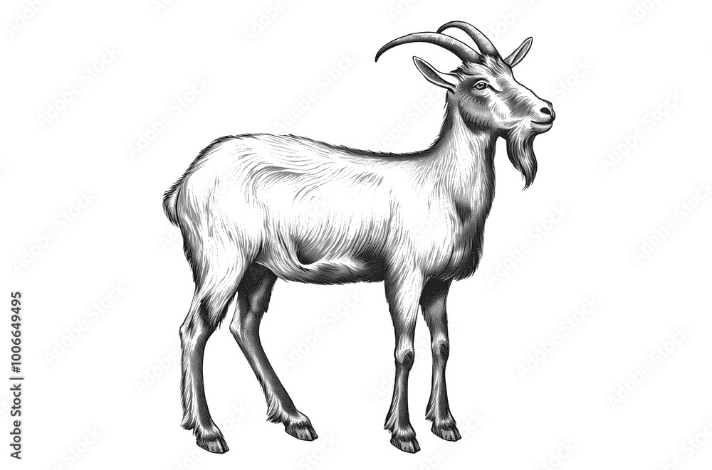 Obraz premium Goat. Vintage retro print, black white goat sketch ink pencil style drawing, engrave old school. Sketch artwork silhouette goat, white background. Side view profile. Illustration