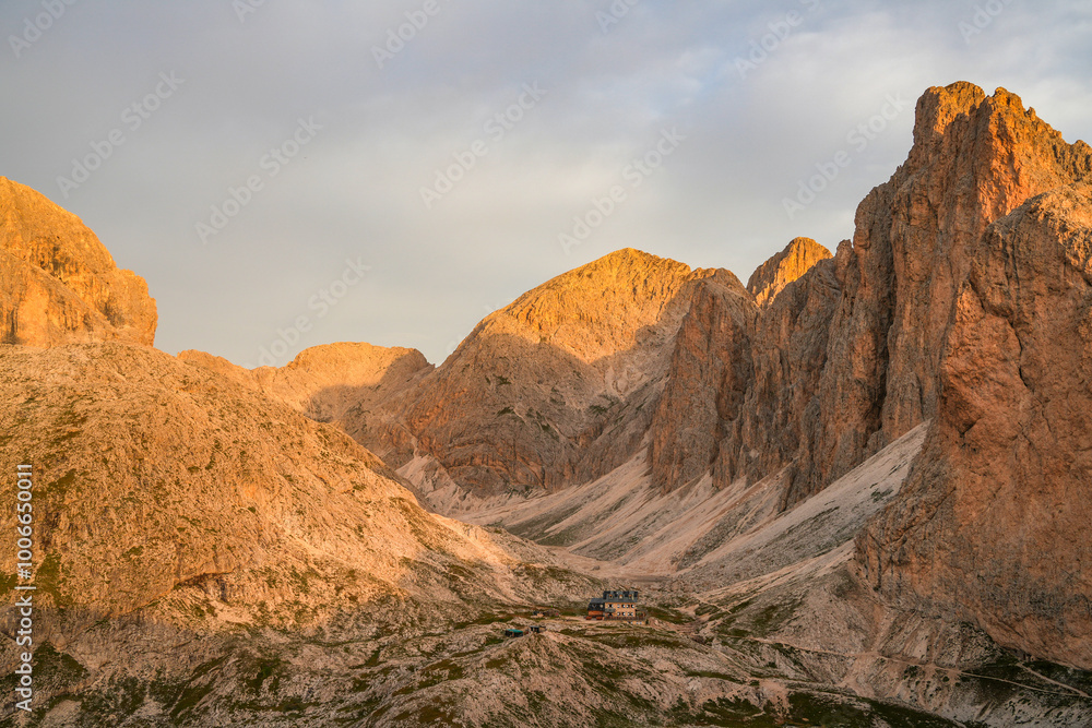 Fototapeta premium Scenic landscape of Rifugio Antermoia in Antermoia valley, Dolomites, South Tyrol, Italy, Europe