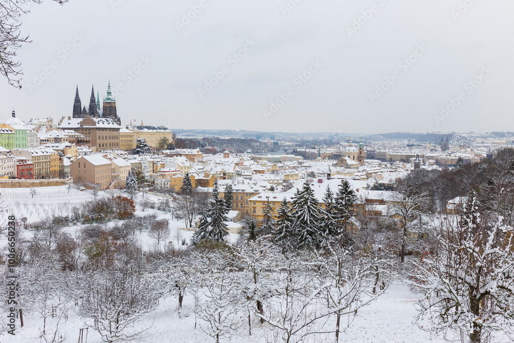 Snowy Prague City with gothic Castle from the Hill Petrin, Czech republic
