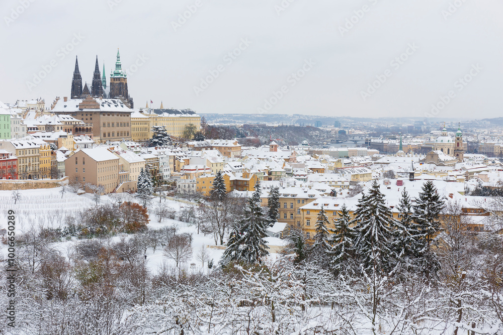 Snowy Prague City with gothic Castle from the Hill Petrin, Czech republic