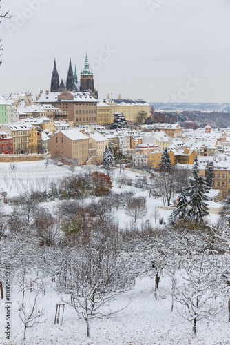 Obraz na płótnie Snowy Prague City with gothic Castle from the Hill Petrin, Czech republic w salonie