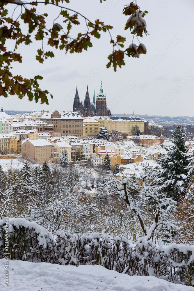 Snowy Prague City with gothic Castle from the Hill Petrin, Czech republic