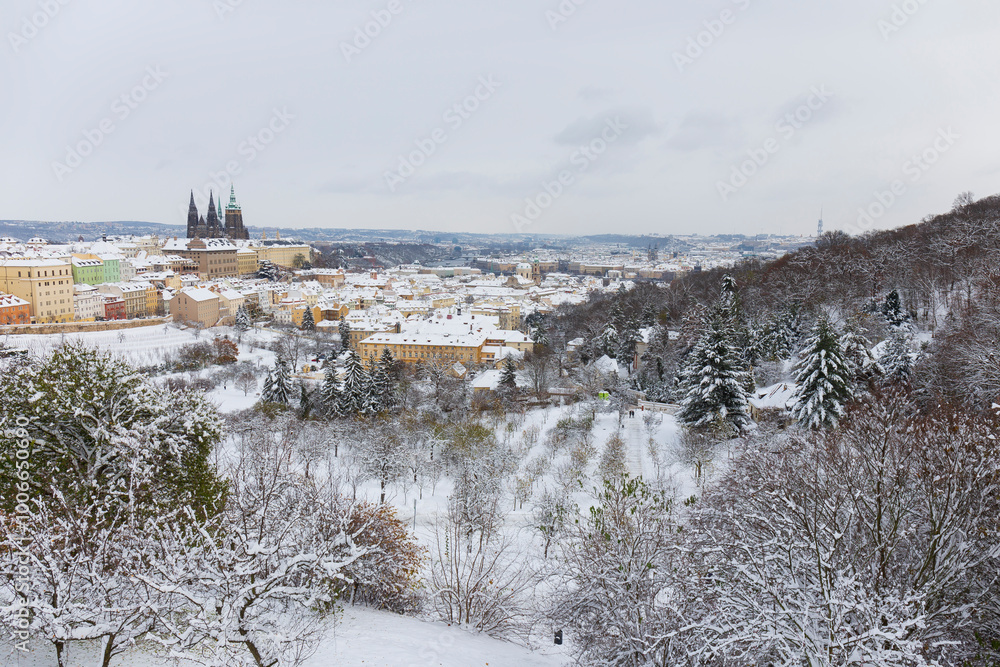 Snowy Prague City with gothic Castle from the Hill Petrin, Czech republic