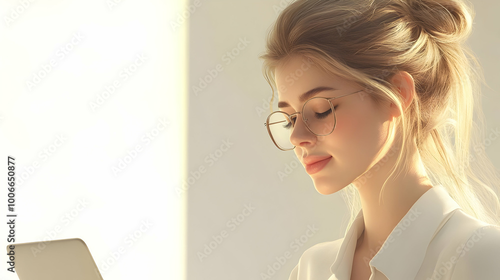 3D Businesswoman Smiling While Closing Laptop in Bright Office | Candid Shot of Successful Task Completion with White Walls | Business Concept Icon 3D Businesswoman Smiling While Closing Laptop in Bright Office | Candid Shot of Successful Task Completion with White Walls | Business Concept Icon