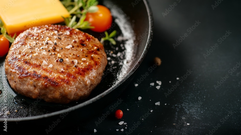 A homemade hamburger patty is seared in a cast-iron skillet, showcasing grill marks and seasoned with coarse salt and black pepper. Melted cheddar cheese and cherry tomatoes add color A homemade hamburger patty is seared in a cast-iron skillet, showcasing grill marks and seasoned with coarse salt and black pepper. Melted cheddar cheese and cherry tomatoes add color