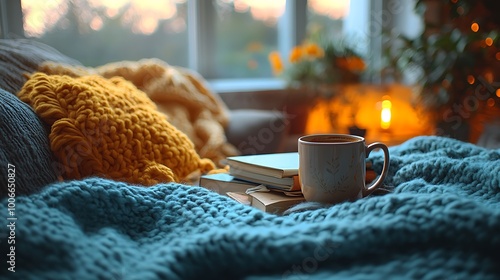 Cozy Winter Morning with a Cup of Coffee and Books on a Blanket