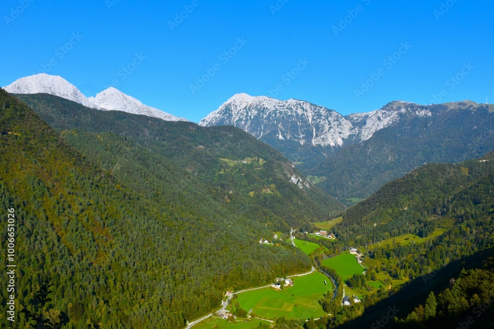 Obraz premium View of Kalska Gora and Kalski Greben mountains and Kokra river valley bellow in Gorenjska, Slovenia