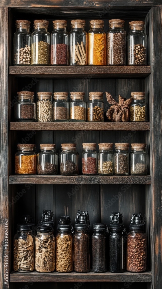 Organized Spice Shelf with Glass Containers andLabels Organized Spice Shelf with Glass Containers andLabels