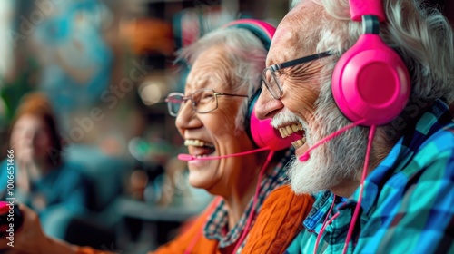 Joyful Senior Couple Enjoying Video Games with Vibrant Headphones