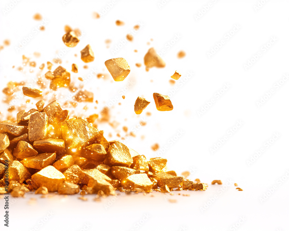A pile of gold rocks with a lot of sparkle. The gold rocks are scattered all over the image, creating a sense of chaos and disorder A pile of gold rocks with a lot of sparkle. The gold rocks are scattered all over the image, creating a sense of chaos and disorder