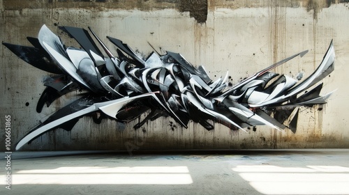 A striking graffiti artwork featuring abstract, three-dimensional black and white forms on an urban wall, displaying depth.