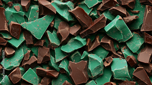 a close-up, top-down view of chopped mint chocolate spread across the entire frame, filling the image with its bright greenish-brown color and smooth texture in irregular pieces photo