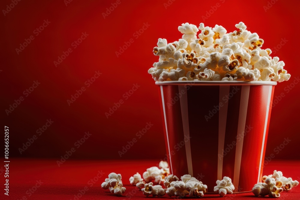 freshly popped popcorn overflowing from a bucket, on a bright red background, perfect for a movie night concept banner freshly popped popcorn overflowing from a bucket, on a bright red background, perfect for a movie night concept banner