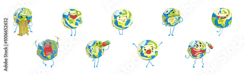 Funny Earth Planet Character with Face and Arm Vector Set