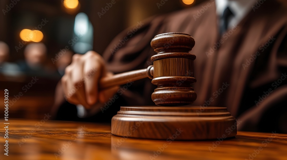 Judge Delivering Verdict in High-Profile Corruption Case with Gavel and Serious Expression Judge Delivering Verdict in High-Profile Corruption Case with Gavel and Serious Expression