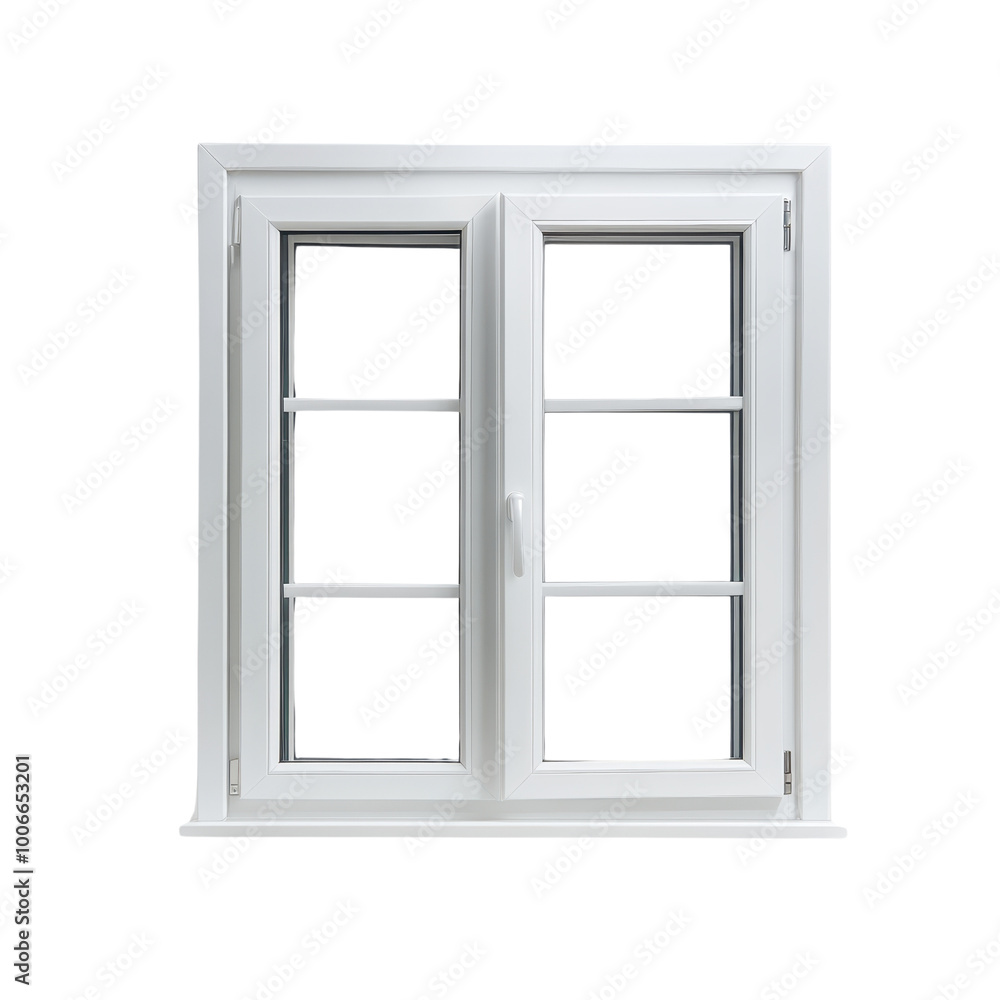 Elegant white window with two panels, isolated on black background. Transparent background. Elegant white window with two panels, isolated on black background. Transparent background.