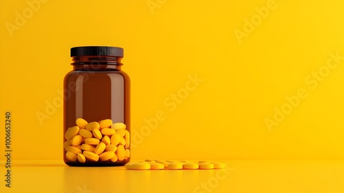 Amber Bottle of Scattered Pills on Reflective Surface