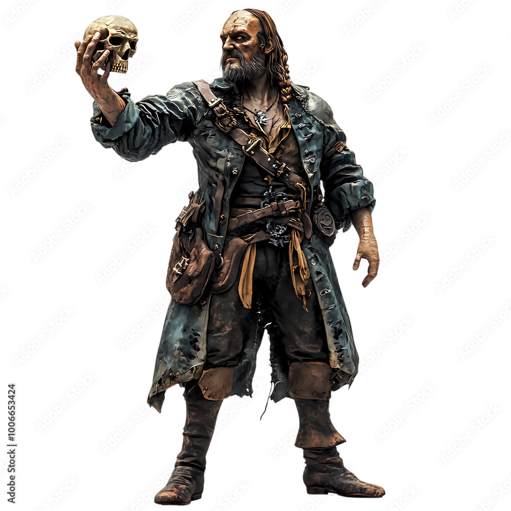 pirate holding skull, dressed in tattered coat with rugged appearance, evokes sense of adventure and mystery. characters expression suggests deep contemplation of fate and sea