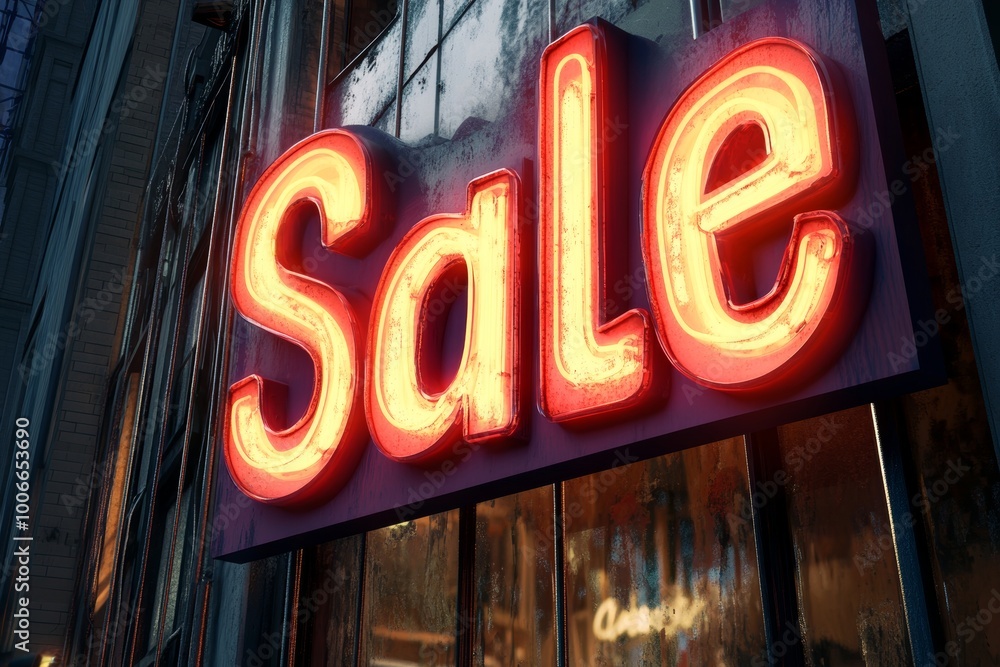 A glowing 'Sale' sign in an urban setting at night emphasizes the allure of retail discounts and city's vibrant nightlife. A glowing 'Sale' sign in an urban setting at night emphasizes the allure of retail discounts and city's vibrant nightlife.