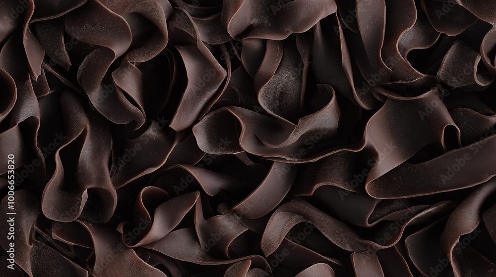 a close-up, top-down view of dark chocolate curls spread across the entire frame, filling the image with their rich black-brown color and elegant, wavy shapes a close-up, top-down view of dark chocolate curls spread across the entire frame, filling the image with their rich black-brown color and elegant, wavy shapes
