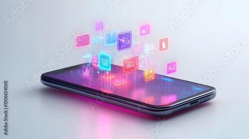 3D Smartphone Levitating with Holographic Compliance & Decision-Making Icons - Side View Above White Surface for Business Strategy Concepts