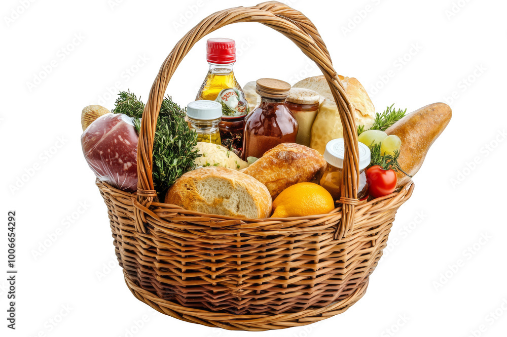 Straw basket with fresh food on transparent background Straw basket with fresh food on transparent background