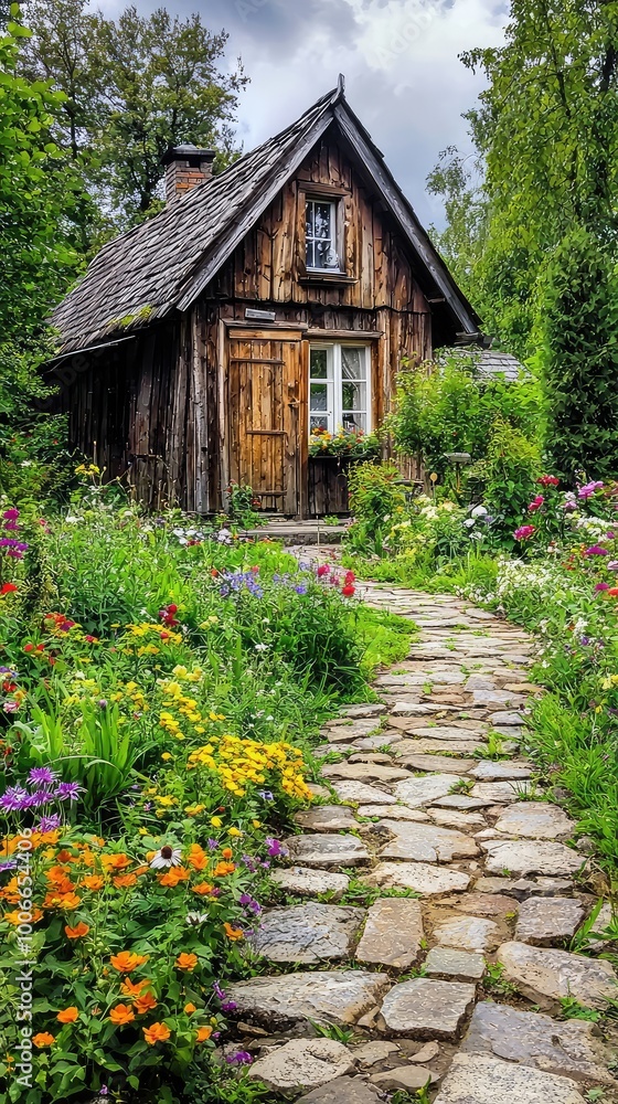 Charming wooden house surrounded by vibrant flowers and lush greenery, offering a peaceful rustic retreat in nature. Charming wooden house surrounded by vibrant flowers and lush greenery, offering a peaceful rustic retreat in nature.