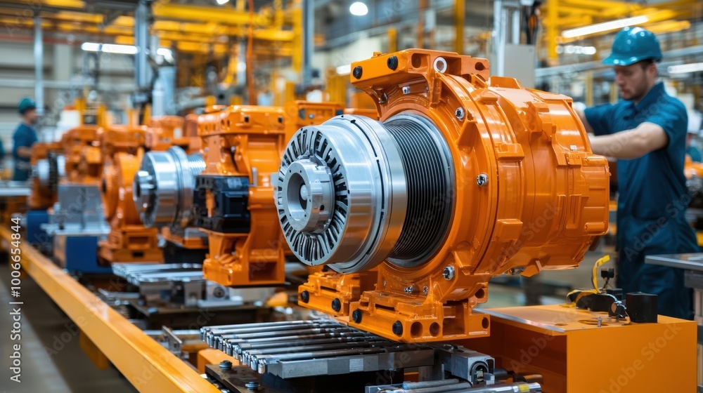 Fototapeta premium Close-up of industrial machinery assembly showcasing orange components in a factory setting, emphasizing precision and efficiency.
