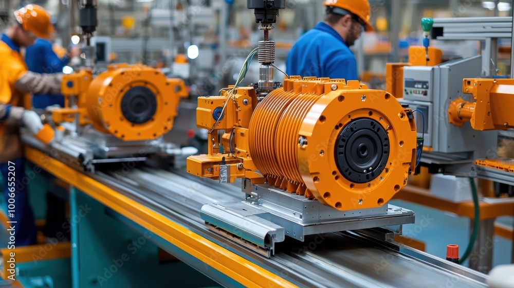 Modern factory scene featuring orange electric motors on a production line with workers in safety gear. Modern factory scene featuring orange electric motors on a production line with workers in safety gear.