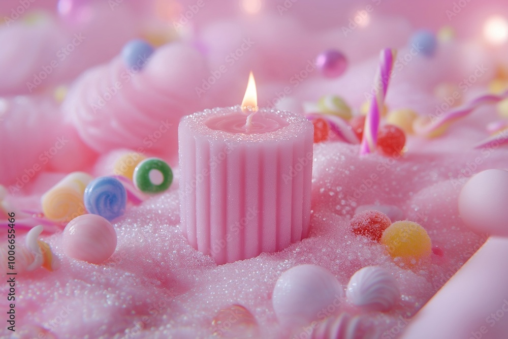 Pink aroma candle with candyfloss and colorful dragees. Aromatherapy, dessert flavor and happy birthday concept. Close-up product shot for poster, greeting card, advertising Pink aroma candle with candyfloss and colorful dragees. Aromatherapy, dessert flavor and happy birthday concept. Close-up product shot for poster, greeting card, advertising
