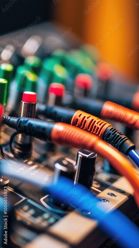 Close-up of audio mixing equipment with colorful cables and knobs, showcasing the intricate details of sound production. Close-up of audio mixing equipment with colorful cables and knobs, showcasing the intricate details of sound production.