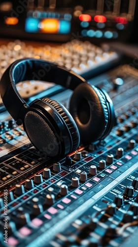 Close-up of headphones resting on a sound mixing console, highlighting the artistry of music production and audio engineering. photo